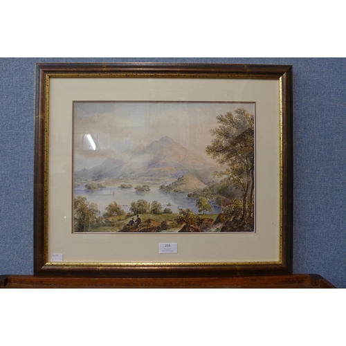 258 - R.B. Harroden, Head of Coniston Water with the Summit of Old Man Mountain, watercolour, framed