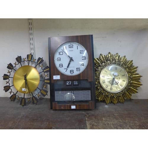 287 - Three mid 20th Century wall clocks; Junghans electronic, Seth Thomas and Citizen