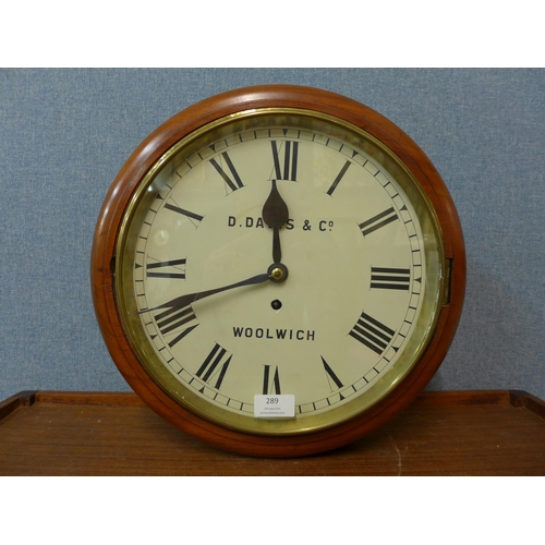 289 - A Victorian mahogany circular fusee wall clock, the dial signed D. Davis & Co., Woolwich