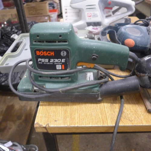 2029 - A Performance Power 1/3 sheet sander, sanding accessories, a Black & Decker mouse sander, a Bosch sa... 