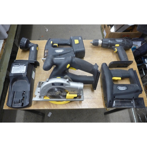 2066 - A Draper tool set - W with Charger. Cordless hammer drill, Jigsaw, Circular saw, Nailer and torch al... 