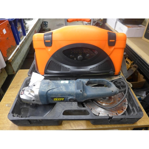 2067 - A Power Craft 240v angle grinder in case and rock cooler radio