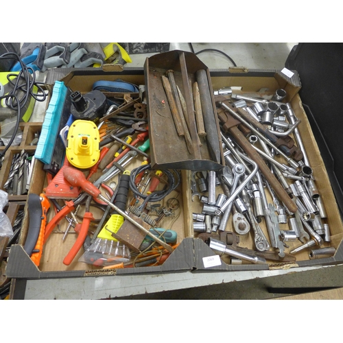 2069 - 2 boxes of assorted hand tools including spanners, screw drivers socket sets and more