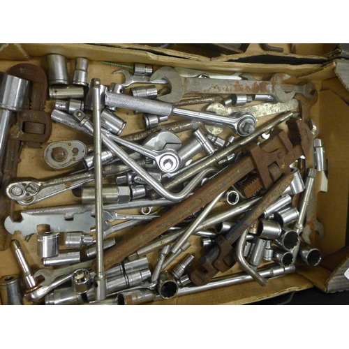 2069 - 2 boxes of assorted hand tools including spanners, screw drivers socket sets and more