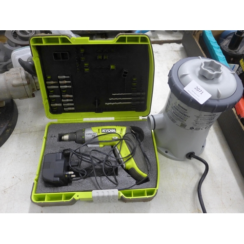 2071 - A Ryobi rechargeable electric screwdriver and a  pool pump