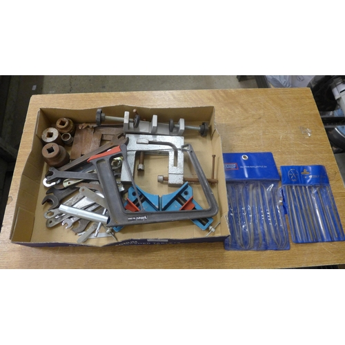 2081 - Assorted tools; spanners, angle brackets, files, etc.