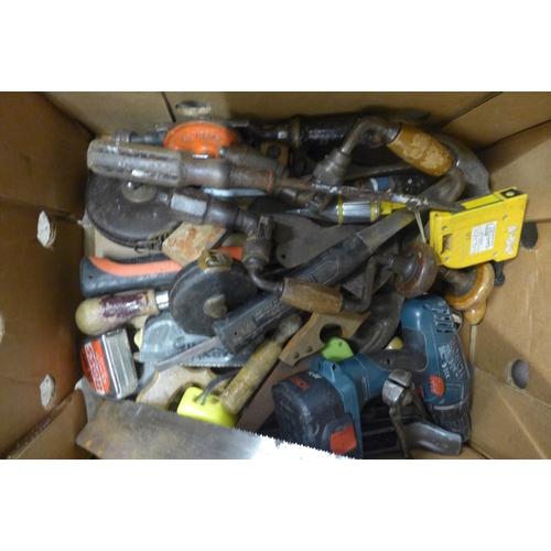 2098 - A large quantity of hand tools including saws, hand drill, tape measures, screwdrivers, cordless dri... 