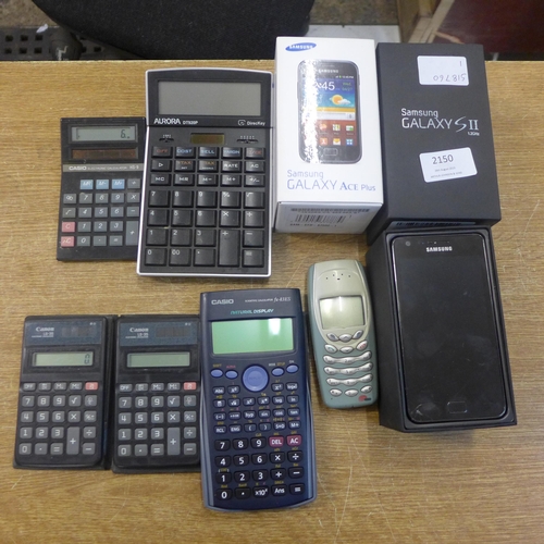 2150 - A Samsung Galaxy S II, boxed, a Samsung Galaxy Ace Plus, boxed, a Nokia 3410 with charger and a coll... 