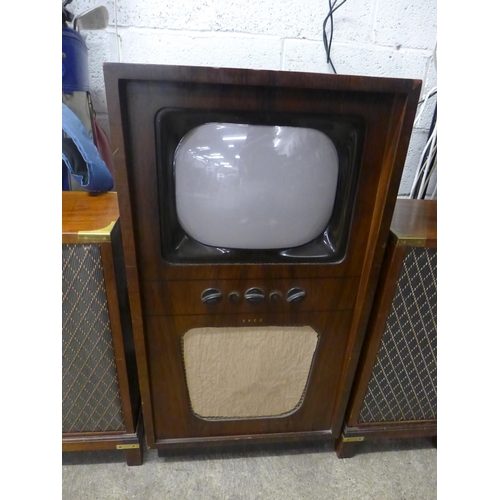 2206 - An Ekco 1950s retro TV (model TC162N) with a pair of Dynatron LS2928 brass cornered speakers on stan... 