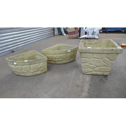 2283 - 2 concrete brick effect Corner planters and a matching square planter