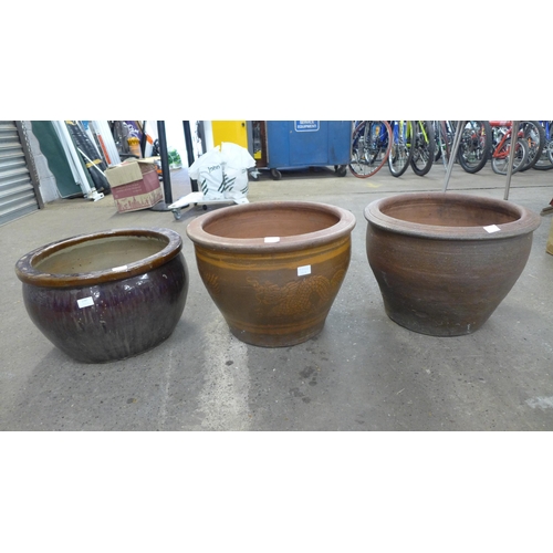 2287 - Three large brown planters, two glazed