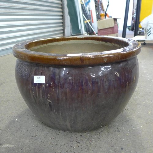 2287 - Three large brown planters, two glazed