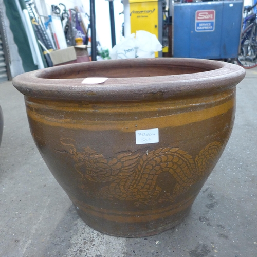 2287 - Three large brown planters, two glazed