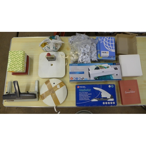 2331 - A job lot of stationery items including unused Gladiator heavy duty stapler, unused A3 laminator and... 