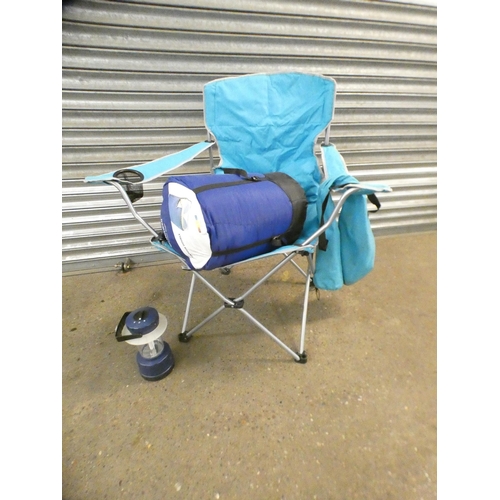 2457 - A camping lamp with remote, a Fisherman's chair and a double sleeping bag