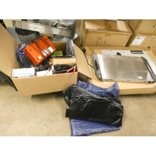 2489 - A box of assorted items including hot plate and camping equipment