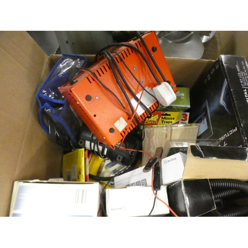 2489 - A box of assorted items including hot plate and camping equipment