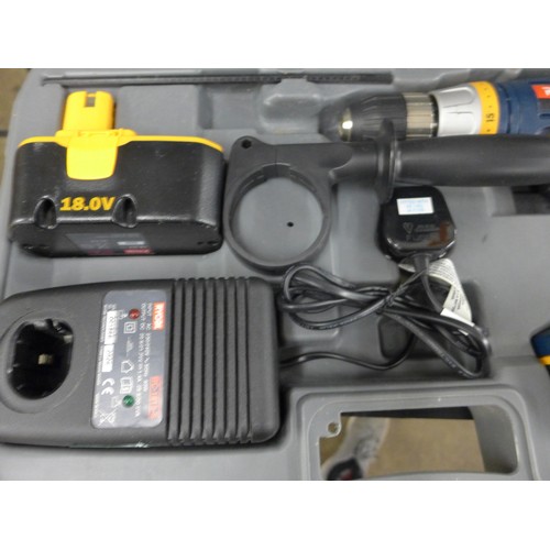 2011 - A Ryobi (CDi 1801) 18v cordless hammer drill with 2 batteries and charger in case - W