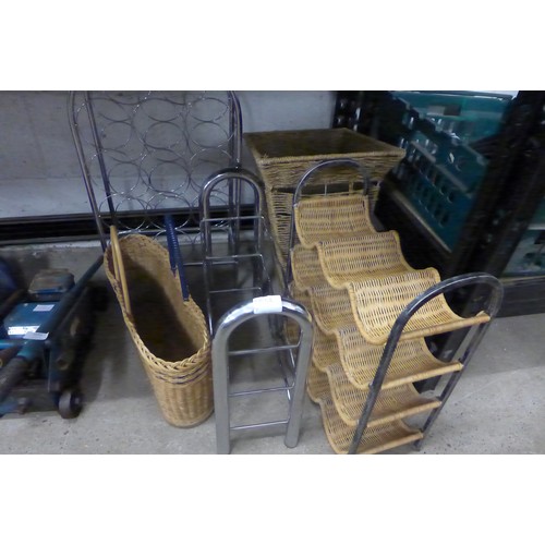 2095 - A wicker and chrome 12 bottle wine rack, a chrome 12 bottle wine rack and 2 wicker baskets