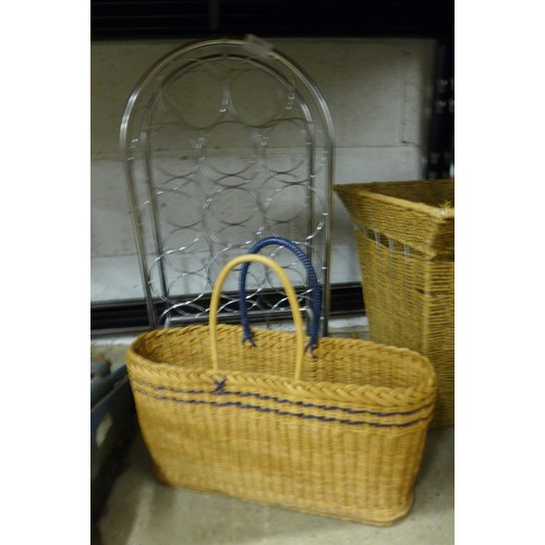 2095 - A wicker and chrome 12 bottle wine rack, a chrome 12 bottle wine rack and 2 wicker baskets