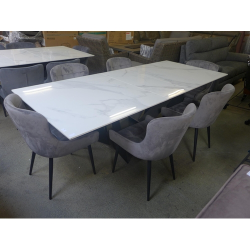 1489 - A marble effect large extending dining table with a set of six Kos graphite velvet pinched back dini... 