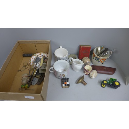 690A - Assorted items; china, metalware, onyx eggs, etc.