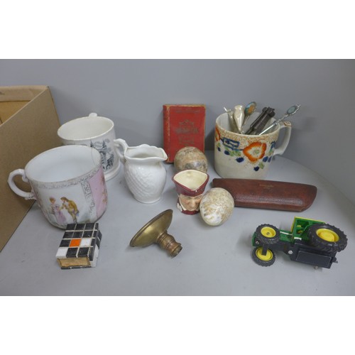 690A - Assorted items; china, metalware, onyx eggs, etc.