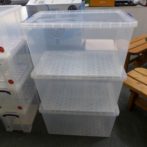 3332 - Three 83L plastic storage tubs with lids - cracked/damaged