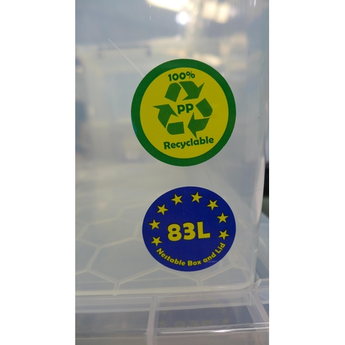 3332 - Three 83L plastic storage tubs with lids - cracked/damaged