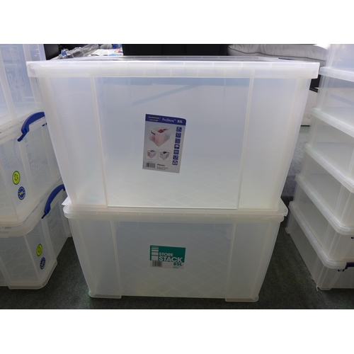 3335 - Two 85L plastic storage tubs with lids - cracked/damaged