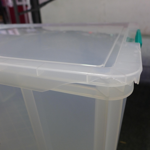 3335 - Two 85L plastic storage tubs with lids - cracked/damaged