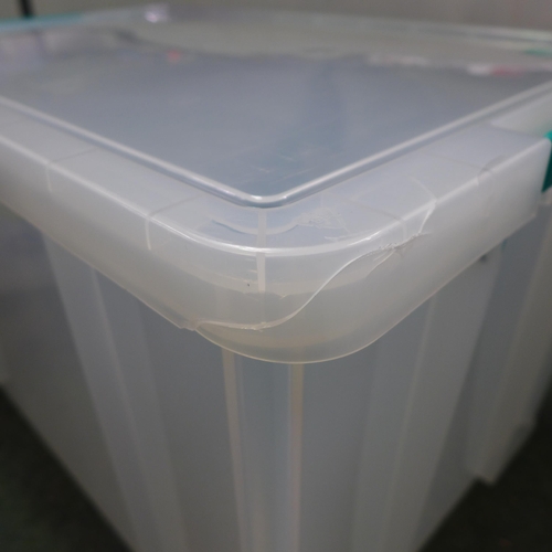 3335 - Two 85L plastic storage tubs with lids - cracked/damaged