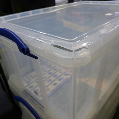 3336 - Three 64L plastic storage tubs with lids - cracked/damaged