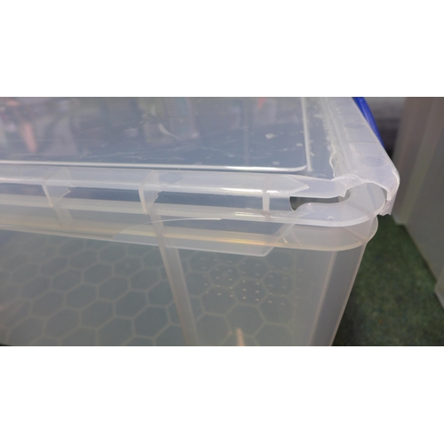 3336 - Three 64L plastic storage tubs with lids - cracked/damaged