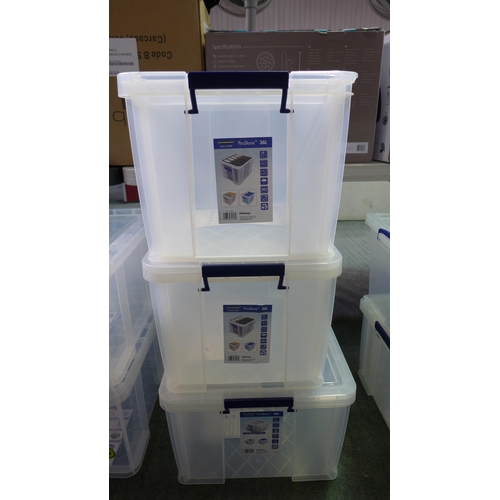 3337A - Three plastic Prostore tubs with lids (2 x 36L and 1 x 48L) - cracked/damaged