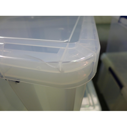 3337A - Three plastic Prostore tubs with lids (2 x 36L and 1 x 48L) - cracked/damaged