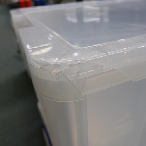 3337C - Three plastic storage tubs with lids - mixed size - cracked/damaged