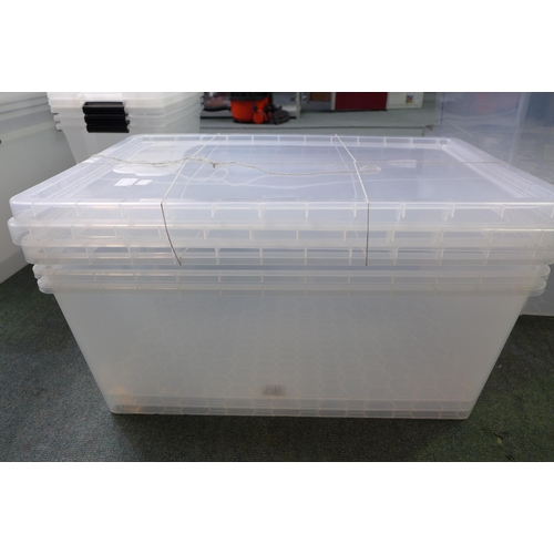 3337D - Three plastic 62L storage tubs with lids - mixed size - cracked/damaged