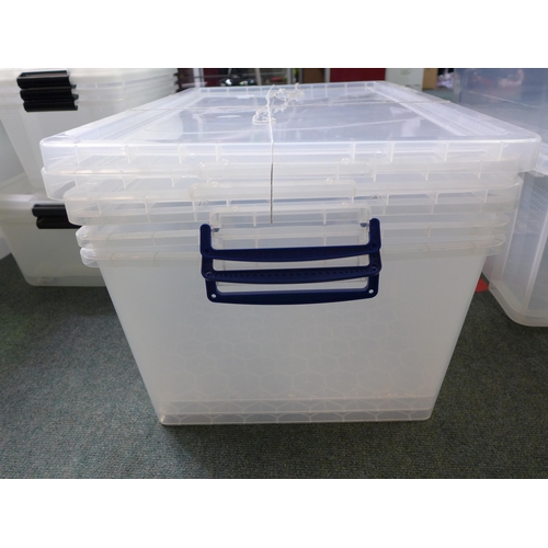 3337D - Three plastic 62L storage tubs with lids - mixed size - cracked/damaged