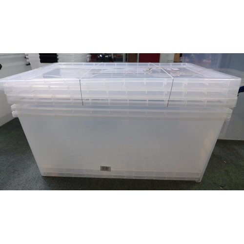 3337D - Three plastic 62L storage tubs with lids - mixed size - cracked/damaged