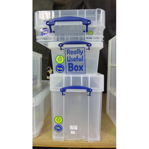 3356 - Three plastic Really Useful Boxes with lids - mixed size - cracked/damaged