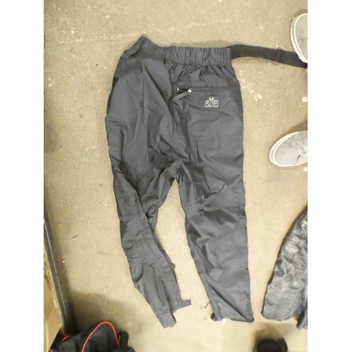 2505 - Motorcycle bib and brace leather trousers, size small/medium, motor cycle waterproof over trousers, ... 