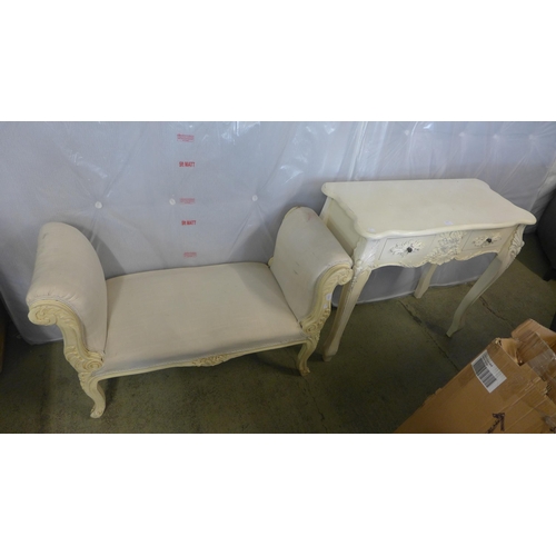 1578 - A painted two drawer console table and a cream upholstered window seat