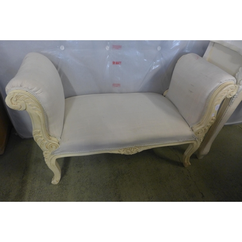 1578 - A painted two drawer console table and a cream upholstered window seat