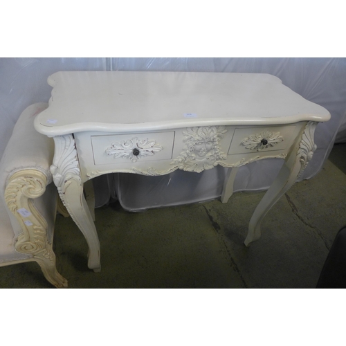 1578 - A painted two drawer console table and a cream upholstered window seat