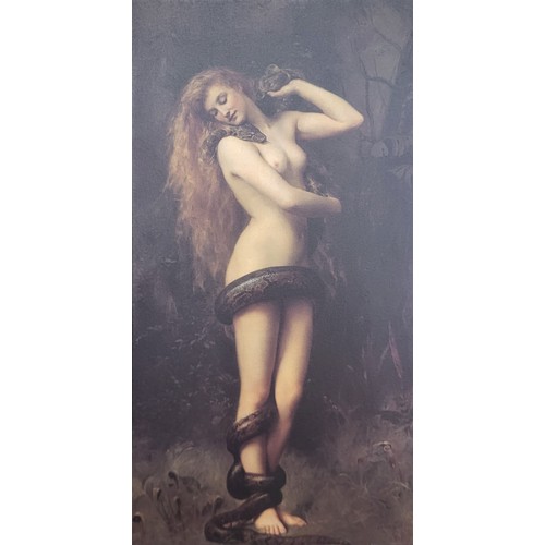 269 - A Pre-Raphaelite style portrait of a lady and serpent, print on canvas and two portrait prints