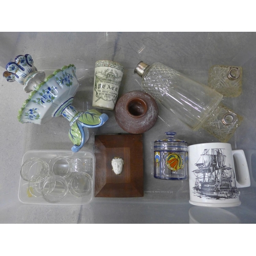 1060 - A box of china, glass including a Langley match striker, Portuguese pottery candlestick, glass napki... 