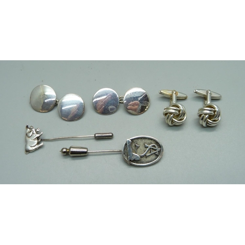 1019 - Two pairs of silver cufflinks and two stick pins