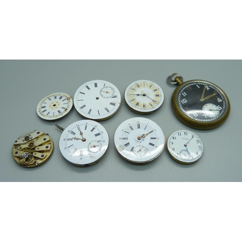 1021 - Pocket watch movements and a pocket watch with missing back, (possibly military)