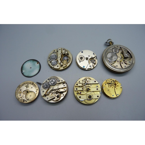 1021 - Pocket watch movements and a pocket watch with missing back, (possibly military)